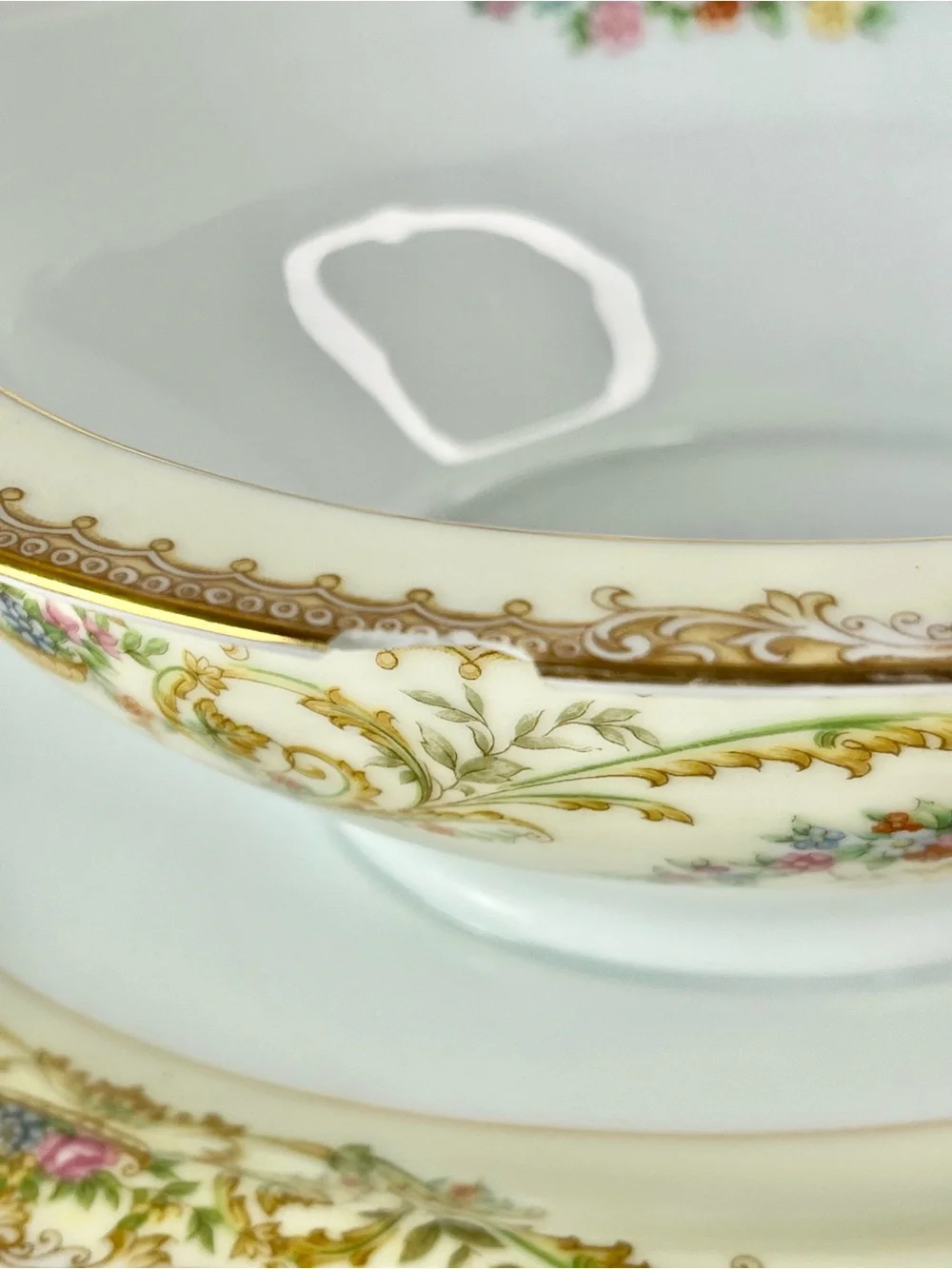 Noritake Nanette 683 Porcelain Floral Gold Gravy Boat & Underplate Set-AS IS